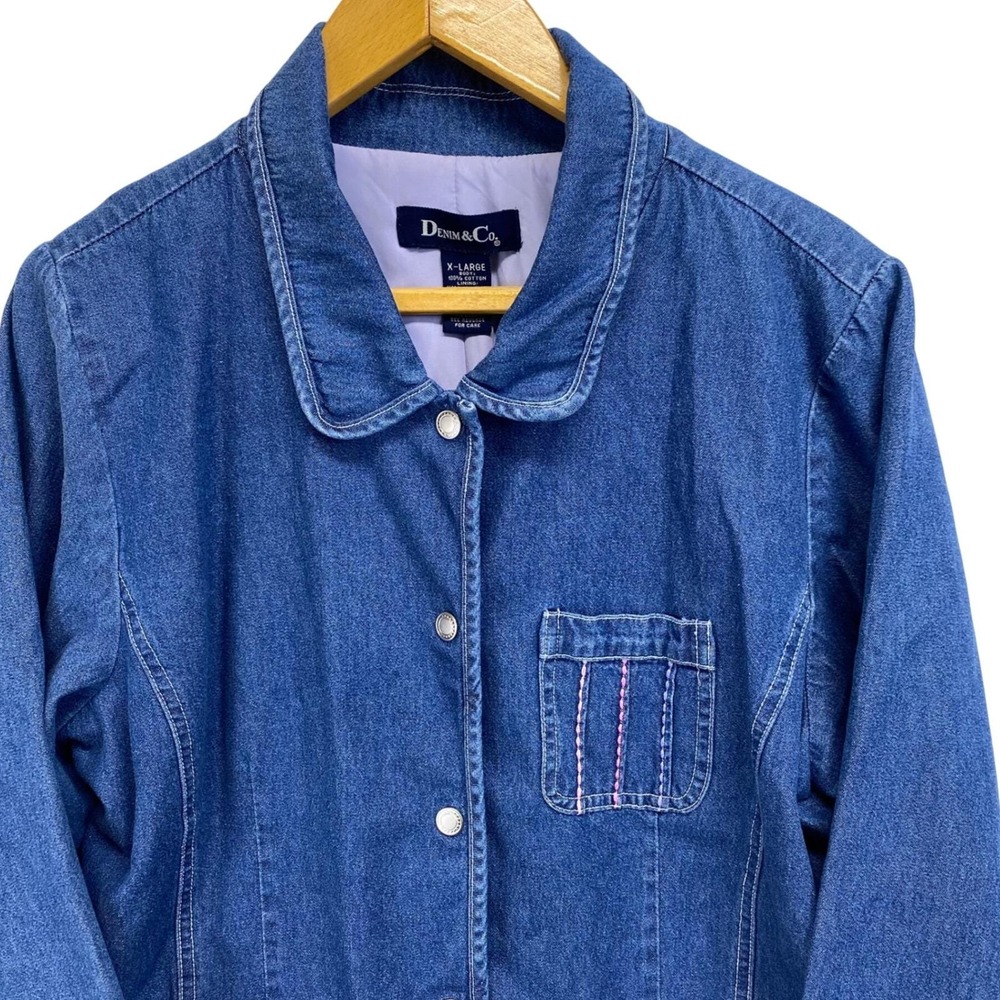 DENIM & CO Women's Blue Denim Jacket with Pink Embroidery X Large Vintage 90's